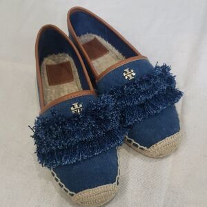 Tory Burch Shoe Womens 5.5 Blue Denim Espadrilles with Fringe Detail